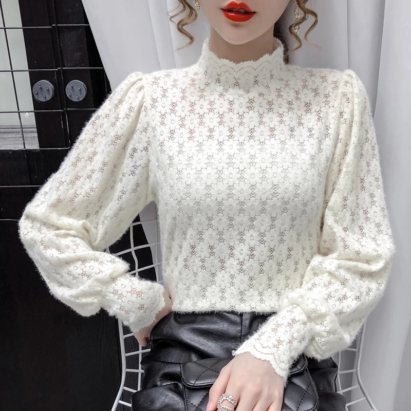 high elastic skinny stretchy dress ladies woolen dress 2020 fall winter waist thin v neck bottoming vintage dress sexy dress Fashion Women Lace Blouses Turtleneck Elegant Sweet Sexy Loose Autumn Winter Bottoming Long Sleeve Ladies Tops Bottoms Basic