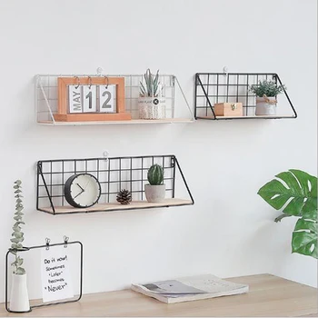 

Nordic Iron Art Grid Wall Hanging Shelf Household Wall Storage Rack With Hooks Door Key Holder No Trace Nails To Install