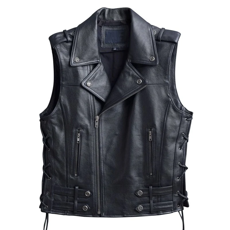 Genuine leather of men waistcoats, zipper, motorcycle bikers