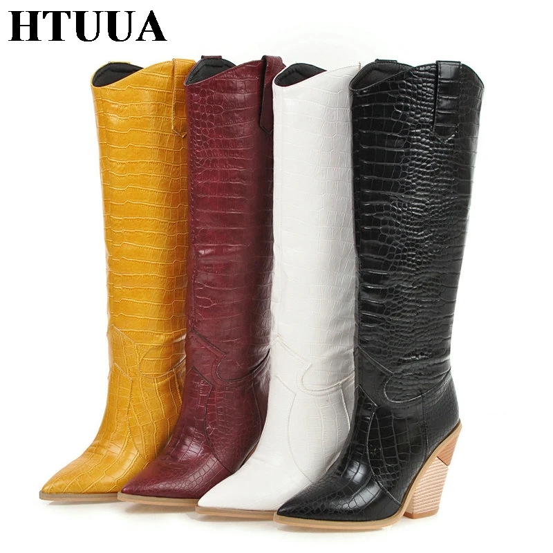 

HTUUA Black Yellow White Knee High Boots Western Cowboy Boots for Women Long Winter Boots Pointed Toe Cowgirl Shoes SX3369