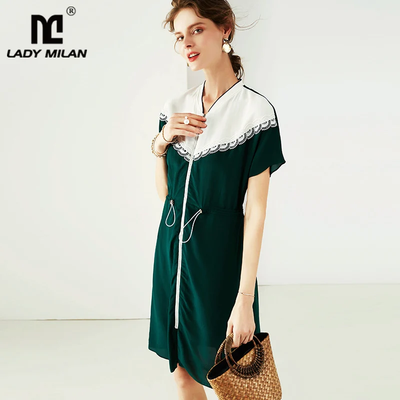 

100% Silk Women's Dresses V Neck Short Sleeves Appliques Color Block Lace Up Fashion Casual Dresses