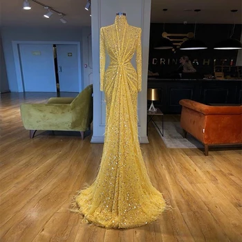 

2020 Latest Design High Neck Mermaid Long Sleeve Beaded Lace Formal Gown Evening Dress
