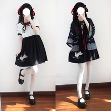 Японский стиль для девочек Haori Kawaii халаты с рисунком кролика из мультфильма Женские кимоно кардиган винтажные вечерние платья Samura пальто юката блузка