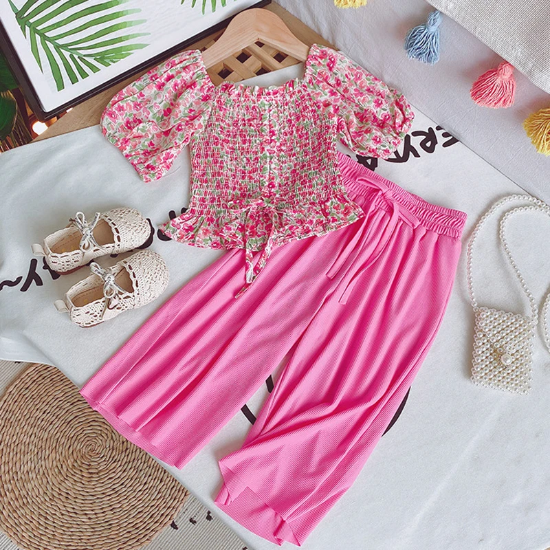 Summer Girls' Clothing Sets Fashion Chiffon Floral Top + Wide Leg Pants 2Pcs Suits Baby Kids Outfits Suit Children Clothing