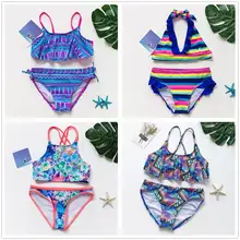 Раздельный купальный костюм для девочек-подростков от 5 до 14 лет купальный костюм для девочек детские комплекты бикини высокого качества Falbala детские пляжные wear-ST192mix