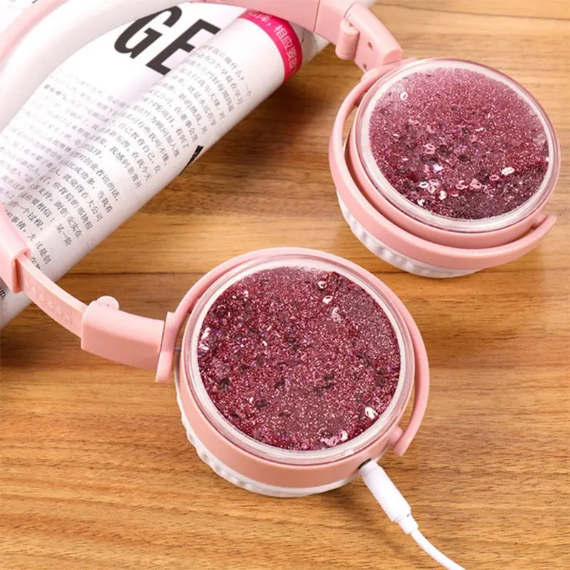 Girls Cat Ear Headset with Microphone Quicksand Decor Music Sports Wired Headphones for Kids Gifts