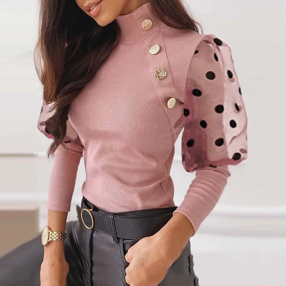 

2020 Women Spring 2020 Knit Sweater Pink Color Block Polka-dot Mesh-Panel Knit Top Casual Slim Turtleneck Pullover Sweater