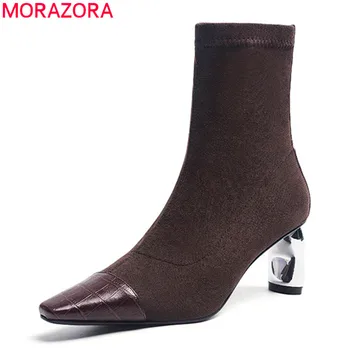 

MORAZORA 2020 Autumn new arrive genuine leather women boots thick high heels zip top quality ankle boots black brown