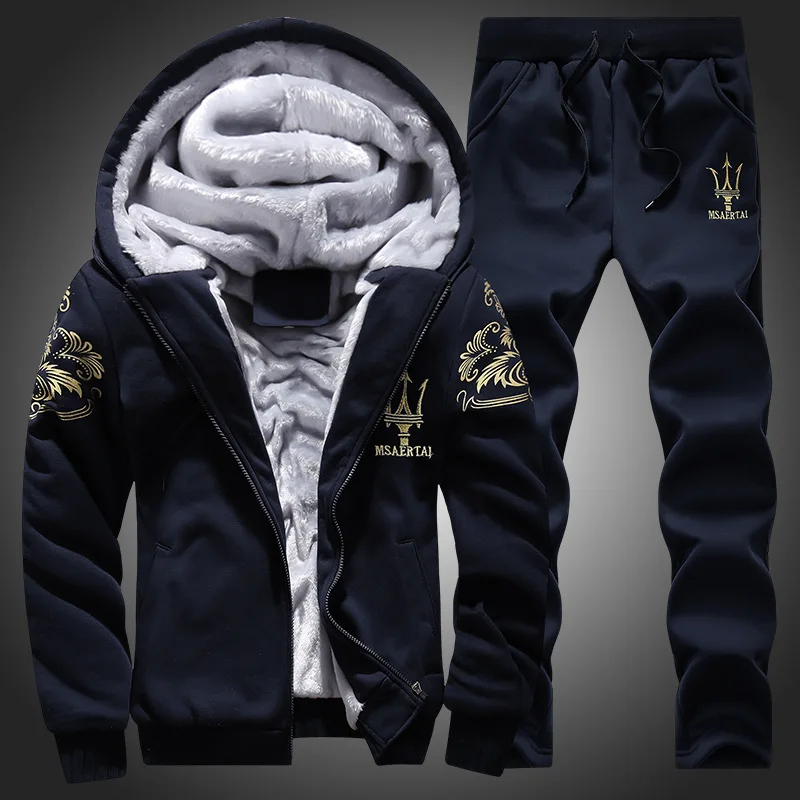 Dark blue Зимние спортивные костюмы для мужчин; повседневный комплект из плотного флиса; теплая куртка с капюшоном; брюки; Весенняя толстовка; спортивная одежда; пальто с капюшоном; спортивные костюмы - Цвет: Dark blue