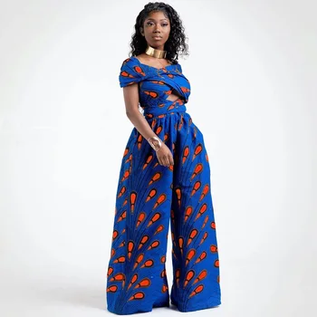 

2020 Summer African Clothes for Women Dashiki Sleeveless Wide Leg Pants Suit Sexy Backless Print New Fashion Bandage Jumpsuit