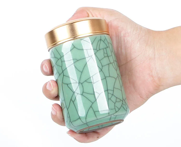 Mini Tea Ceramic Storage Jars Celadon Metal Lid Sealed Cylindrical Container for Storing Tea, Grains, Dry Goods, Candy, Etc._voghion.com