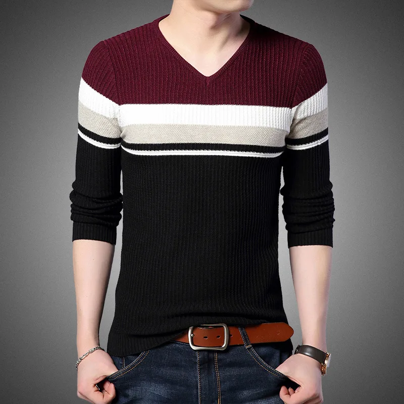 Модный брендовый свитер для мужчин s, пуловеры, Облегающие джемперы, вязаные, в полоску, Осенние, v-образный вырез, корейский стиль, повседневная мужская одежда - Цвет: Бургундия