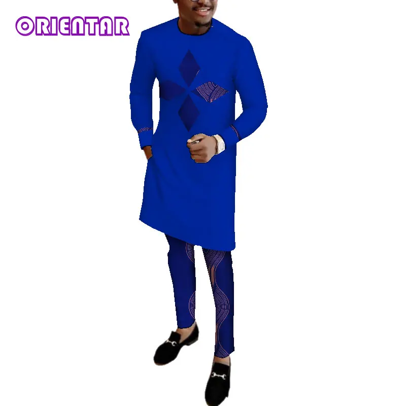 Африканская одежда для мужчин с длинным рукавом рубашка и брюки набор Базен Riche Африканский принт Лоскутные хлопковые топы брюки Мужской комплект WYN513 - Цвет: 15