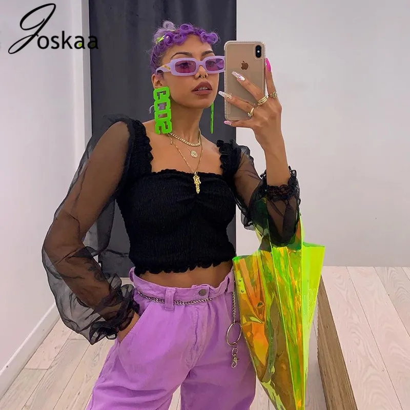 

Joskaa 2019 Long Puff Sleeve Patchwork Sexy Crop Tops Autumn Winter Women Ruched Streetwear Casual Outfits Club T-shirts
