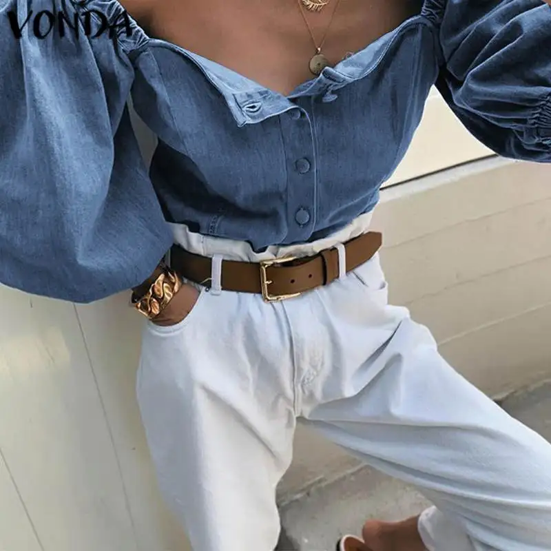 Demin Blouse Women Tops Summer Ladies Tops Vintage Square Collar Lantern Sleeve Shirts VONDA 2020 Casual Tunic Plus Size Blusa - 4.00048E+12