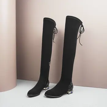 

Stretch Socks Boots Autumn Winter Crystal low Heels Prom Party Shoes Woman Newest Women Over The Knee High Boots