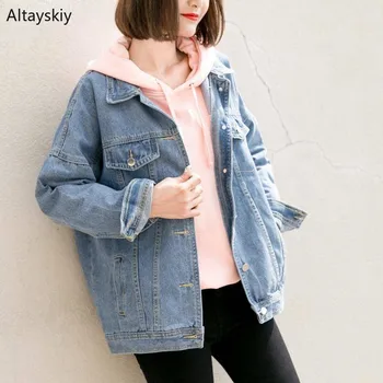 

Jackets Women Turn-down Collar Pockets Loose Single Breasted Korean Style Coats Womens Leisure Harajuku All-match Students Coat