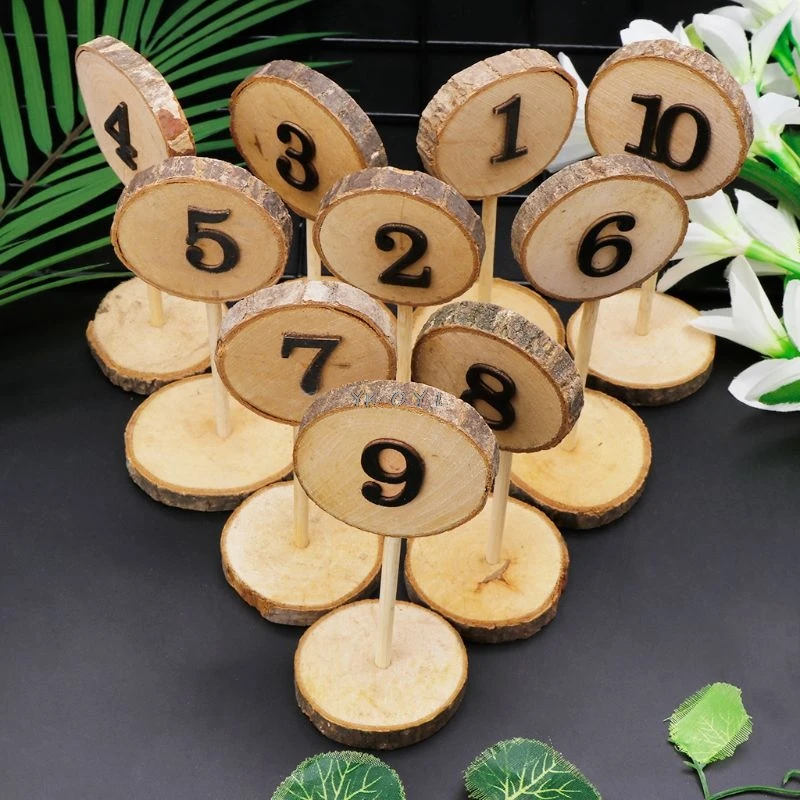 1-10 Rustic Wood Table Numbers Slices Stick Stand Base Seat Cards Decor Retro Wedding Party Supplies Party Direction Signs