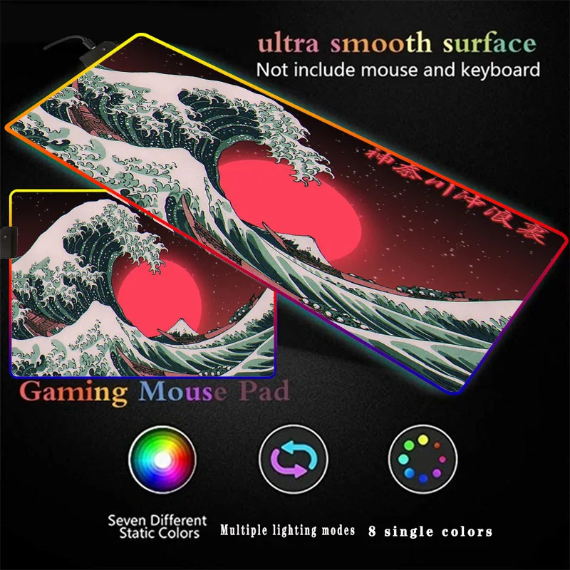 Коврик для мыши Japan Art Great Wave RGB большой игровой коврик со светодиодной подсветкой
