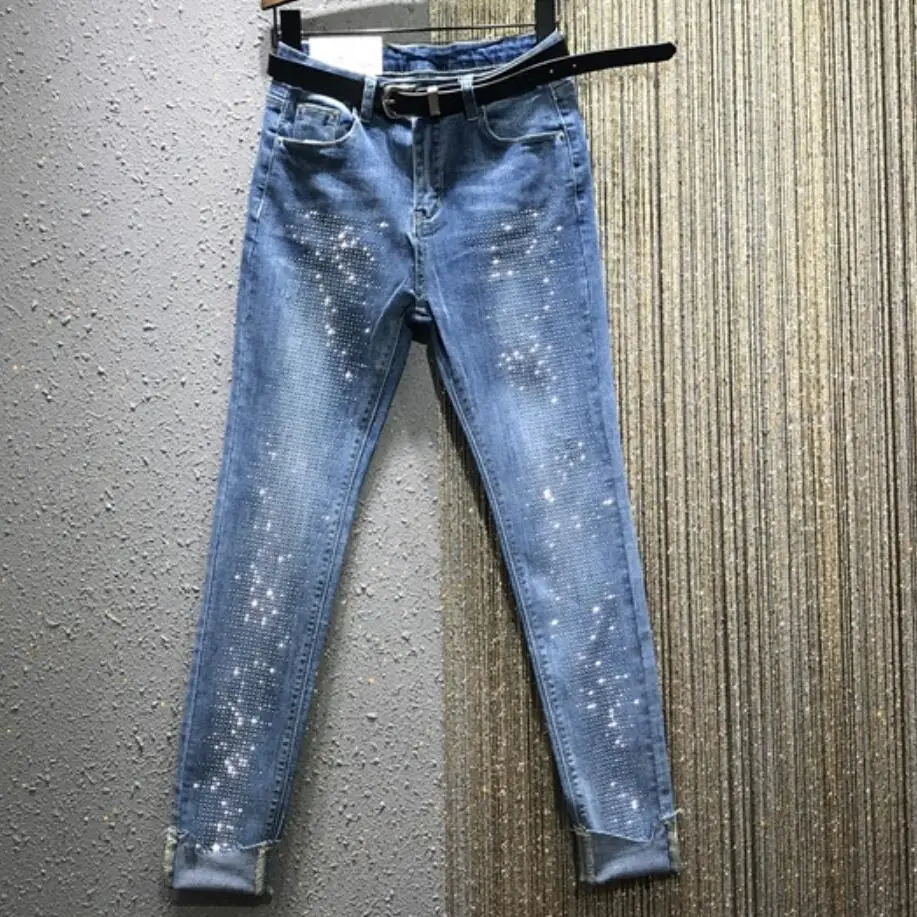 light blue Весна, новая мода, высокая талия, стразы, джинсы для женщин, высокая талия, прямые, эластичные, узкие джинсы размера плюс - Цвет: light blue
