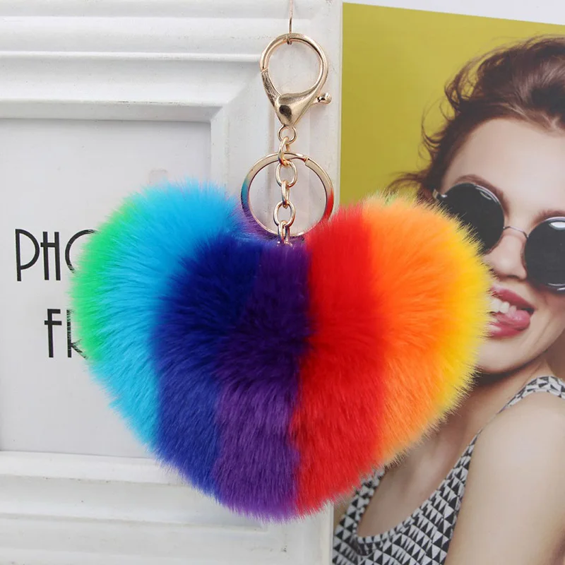 

Cute Colorful Heart-shaped Rainbow Hair Ball Keychain Love Car Key Ring Women Bag Car Keychain Charm Pendant Pom Pom Holder Gift