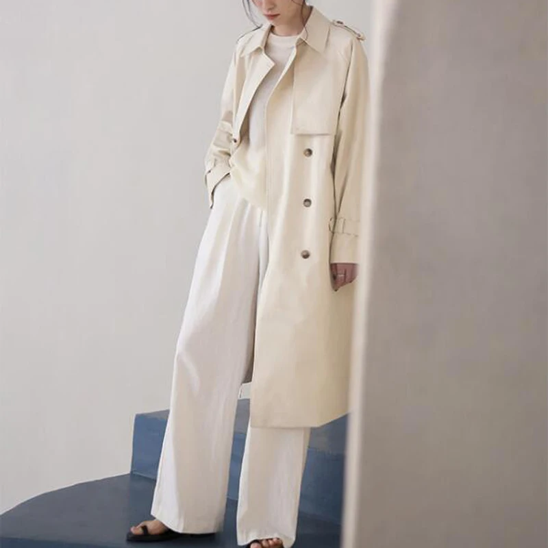 

Spring women's trench coat casual solid color double-breasted long trench coat