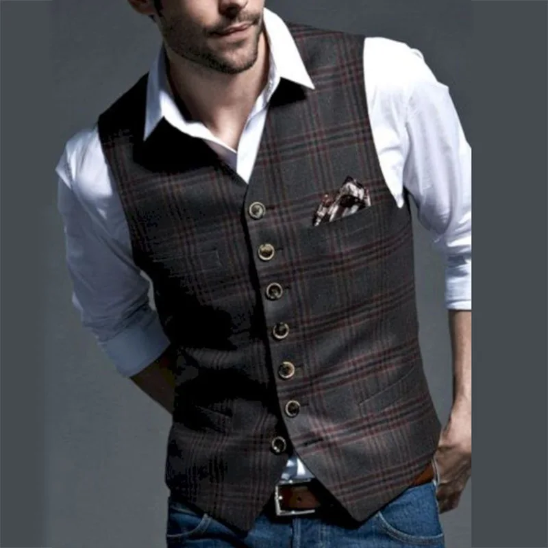 Chaleco de estilo británico para hombre, chaleco informal de negocios sin mangas, para fiesta de boda, traje clásico con estampado a cuadros, nuevo