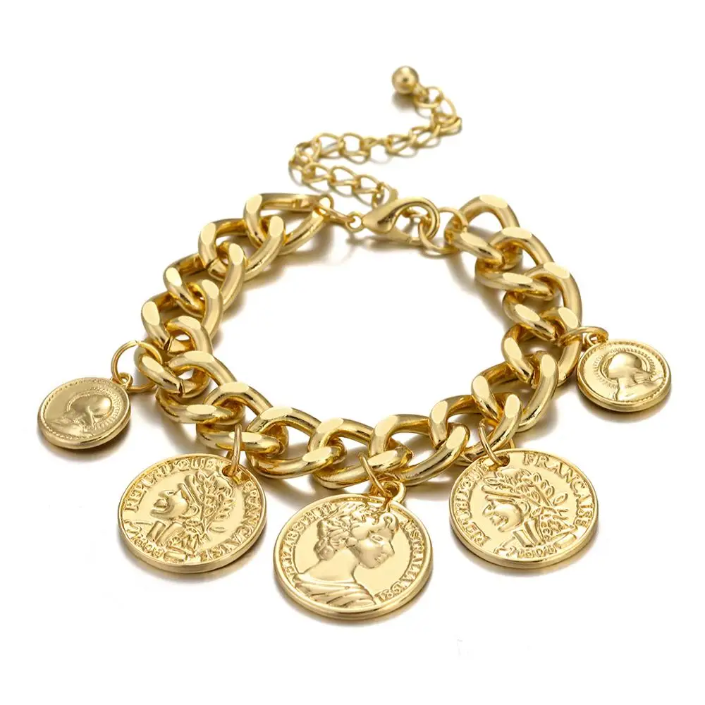 Flashbuy Gold Color Chain Coins Bracelet Personality Vintage Portrait Charms Bracelets For Women Fashion Accessories