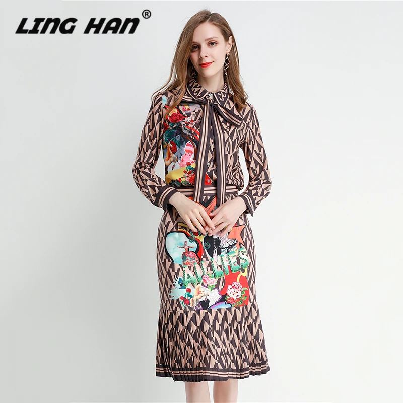 

LINGHAN Designer Suit Set Women's Long Sleeve Vintage Geometry Printed Blouses + Diamond Mermaid Skirt Party Two Pieces Set