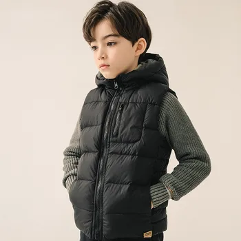 

Autumn Winter Children Down Vest Boys Sleeveless Zipper Down Coats Fashion Hooded Down Jackets 3-14y Kids Warm Outwear Outcoats