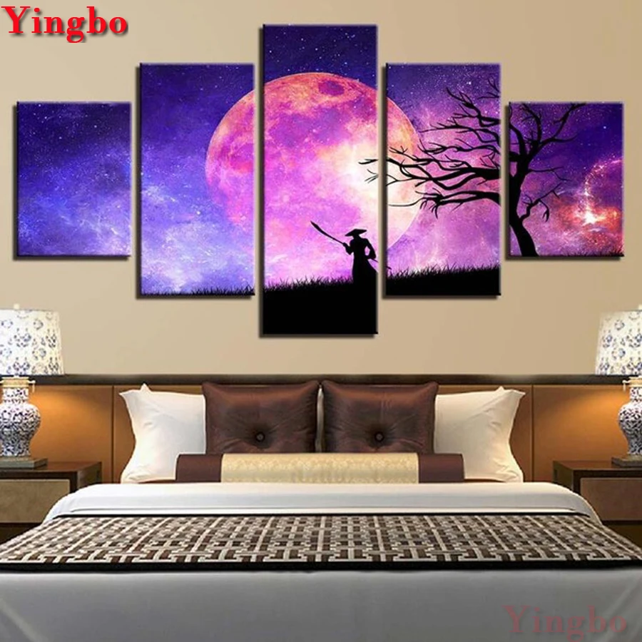 diy diamond painting 5 Pieces Moon Landscape embroidery cross stitch mosaic Pictures Modular For Bedroom Decorative | Дом и сад