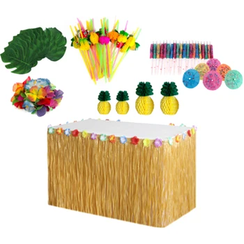 

119 Pieces Hawaiian Grass Table Skirt Set for BBQ Garden Summer Party Decoration