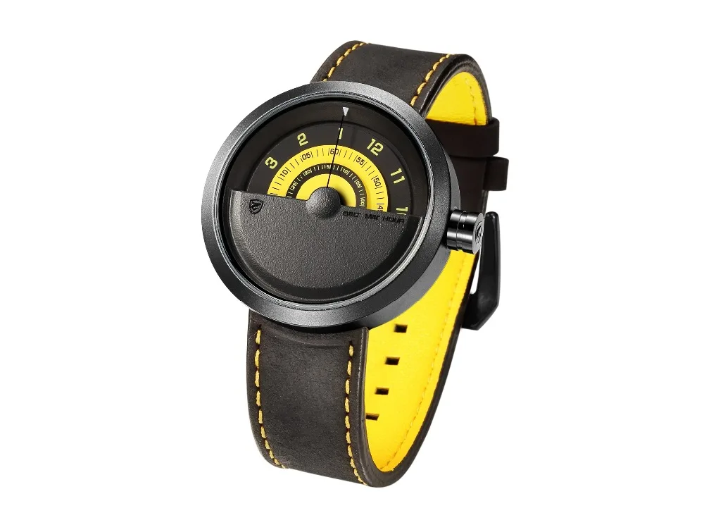 Bonnethead акула спортивные часы желтый для мужчин Relogio Masculino повернуть контраст Crazy Horse кожа наручные креативные часы/SH423