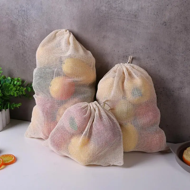 

6pcs/set Reusable Fruit Vegetable Bag Organic Cotton Mesh Drawstring Storage Bag Drawstring Reusable Shopping Practical