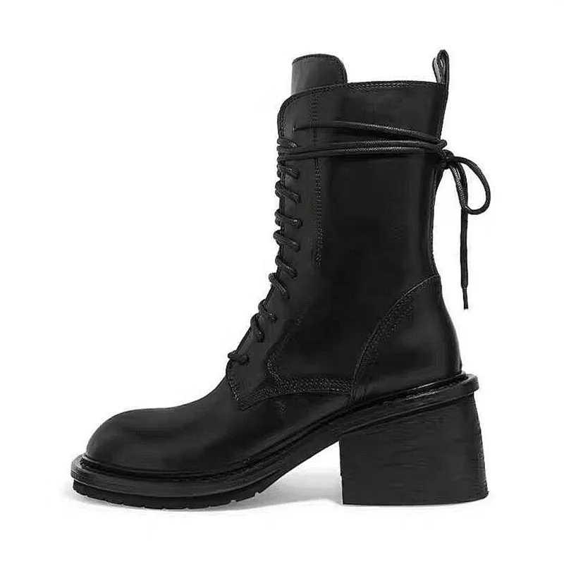 Черные женские ботинки из натуральной кожи; ботильоны на не сужающемся книзу массивном каблуке; botas Mujer; женские короткие ботиночки на шнуровке; ковбойские ботинки на молнии сбоку - Color: Black