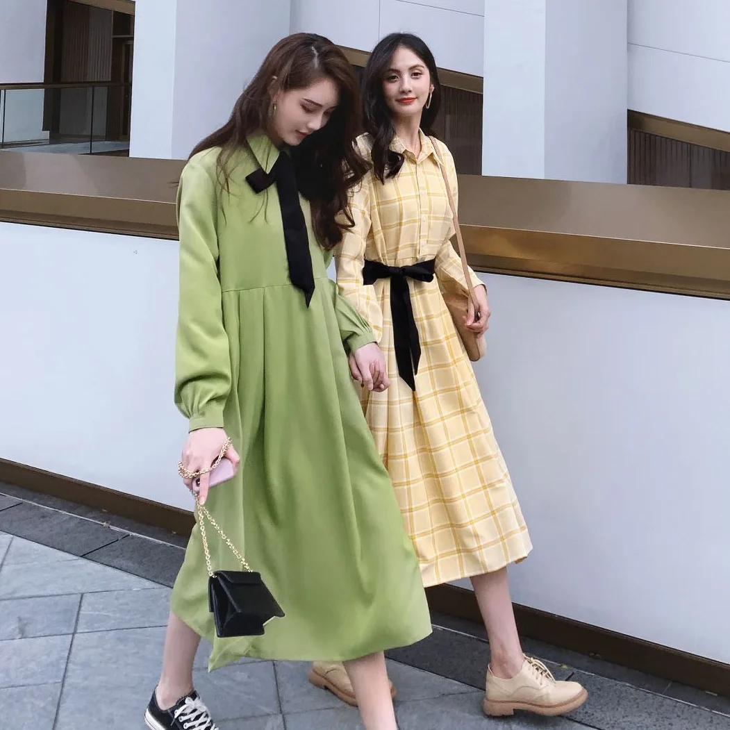 

Photo Shoot CHIC French Non-mainstream by Age Contrast Color Lace-up Fold-down Collar Avocado Women's Big Hemline Loose-Fit Shir