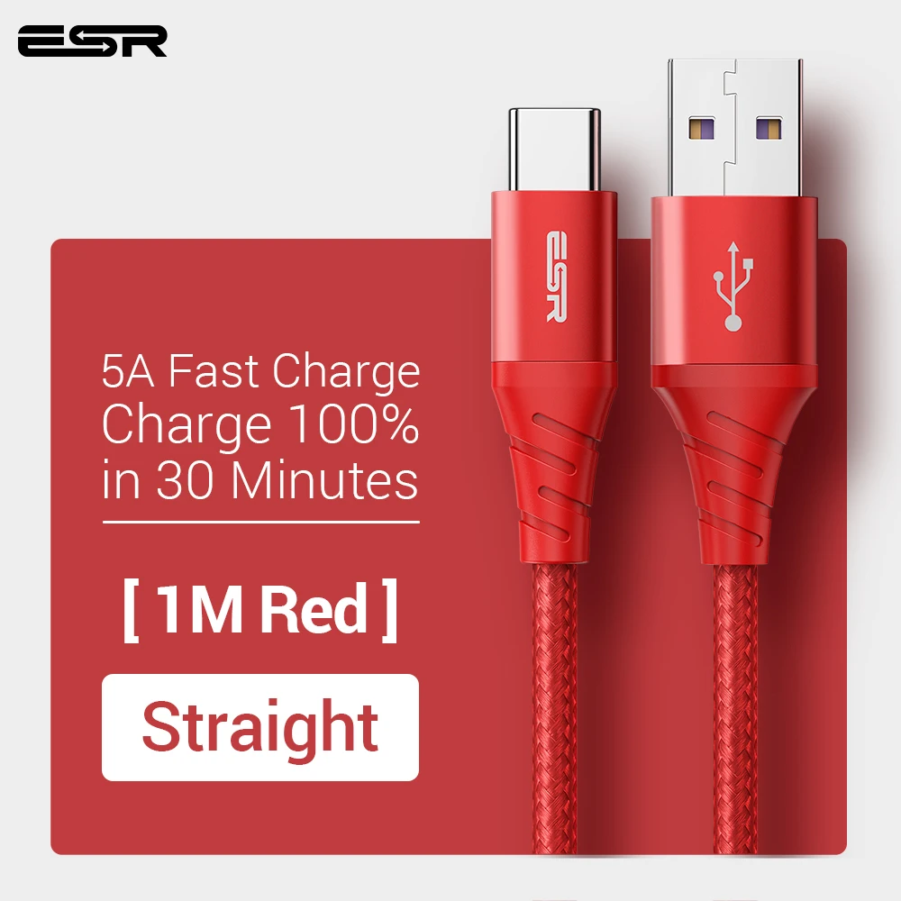 ESR 5A usb type-C кабель 1 м 2 м Быстрая зарядка type-C кабель для huawei P30 P20 mate 20 Pro Phone Supercharge QC3.0 USBC Кабо черный - Цвет: straight red 1M