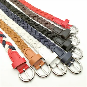

Fashion Womens Vivid Braided Casual PU Leather Narrow Thin Buckle Strap Waist Belt Candy Skinny Waistband Belt For Women