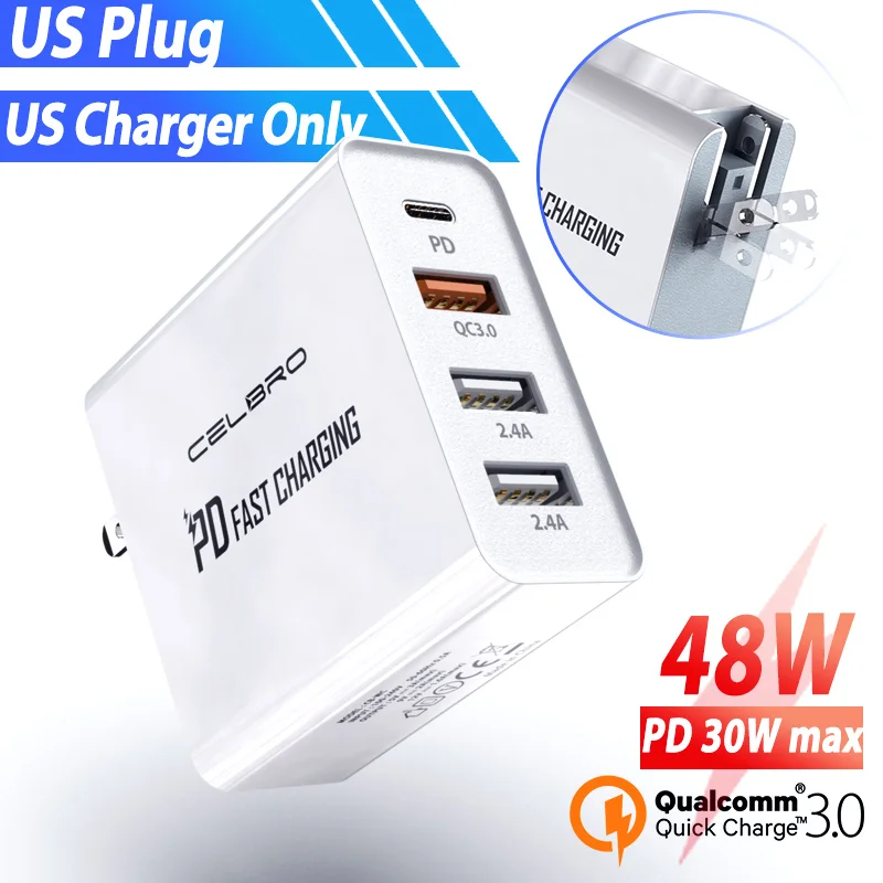 48 Вт многопортовое Зарядное устройство USB PD для macbook QC 4,0 3,0 4 порта Быстрая Зарядка Тип C зарядное устройство настенное дорожное зарядное устройство для телефона huawei - Тип штекера: US Charger