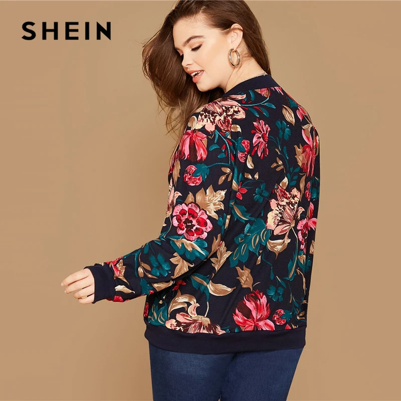 low cost  SHEIN Plus Size Floral Print Zipper Up Bomber Jacket Women Autumn Long Sleeve Stand Collar Coat Cut