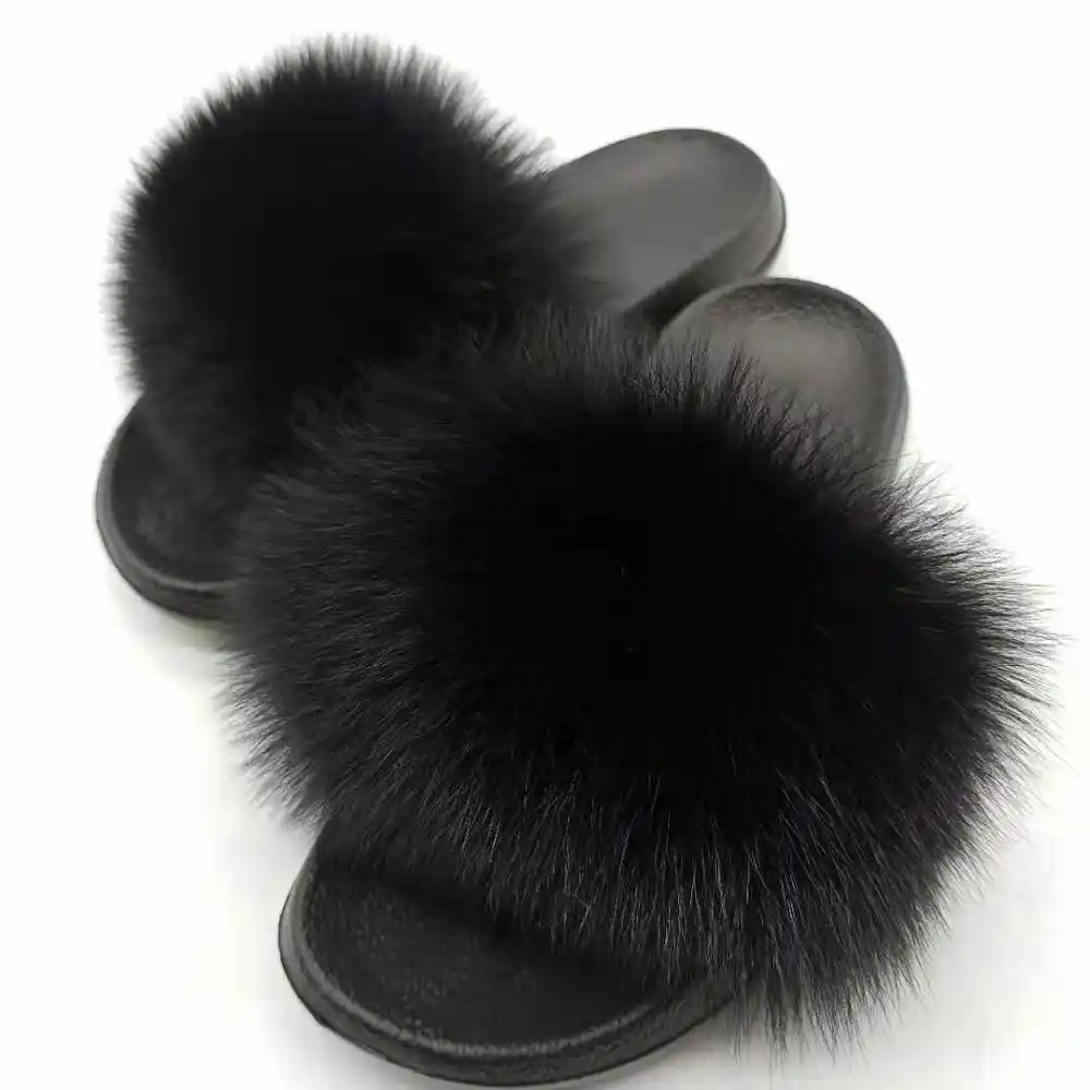 black fluffy slides