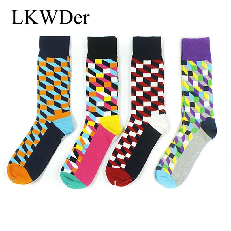 LKWDer, 6 пар, мужские носки, большие, большие размеры 44,45, 46, счастливые, британский стиль, клетчатые, Хит, цветные носки, Мужская Волна, брендовый носок, Calcetines