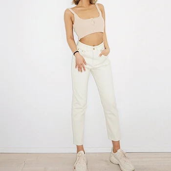 

2019 new fashion women's clothing White jeans long wild slim high waist solid color denim pants