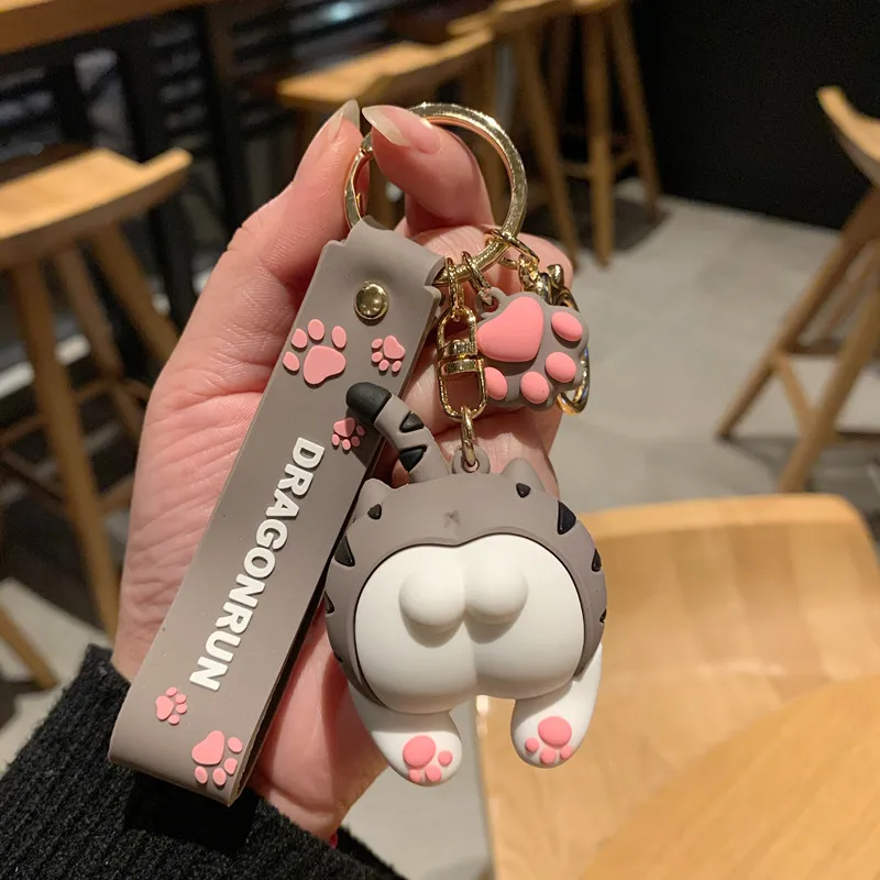 LLavero de trasero de gato para mujer, bonito par de amantes de dibujos animados, bolsa de regalo, adorno de coche, llavero con cordón, juguete infantil, regalo para chica Kawaii
