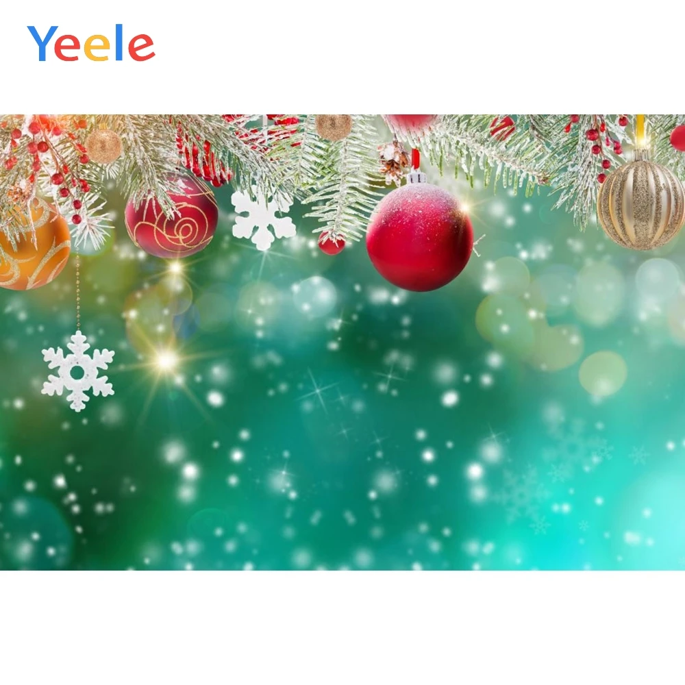 

Christmas Backdrop Pine Tree Golden Red Ball Snow Snowflake Green Winter Glitter Background Photography For Photo Studio Vinyl