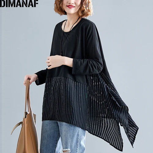 DIMANAF Плюс Размер Женская блузка большой размер осенний полосатый состыкованный Женский базовый топ рубашки длинный рукав свободная повседневная одежда - Цвет: Niu99120CN-hei