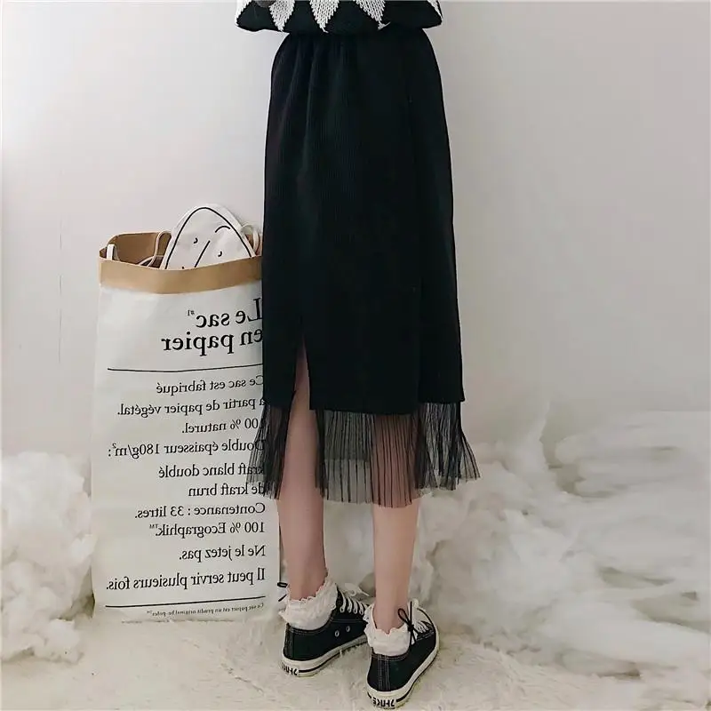 Лоскутная Модная брендовая Корейская женская одежда прямая юбка до колена с завышенной талией Новые демисезонные юбки черного цвета