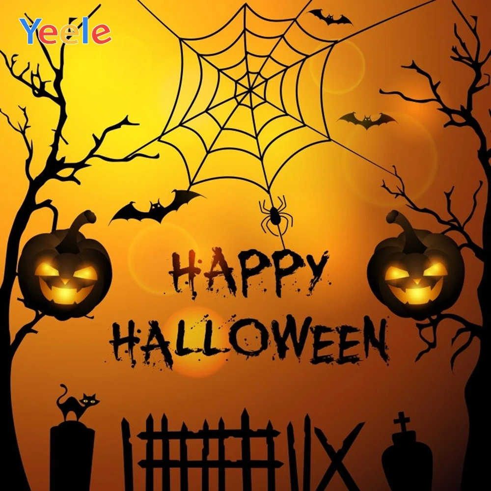 

Yeele Happy Halloween Backdrop Bat Pumpkin Lantern Spider Web Branch Customized Vinyl Photography Background For Photo Studio