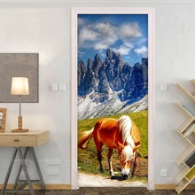 Настенная Наклейка 3D дверь стикер DIY горный пейзаж самоклеющиеся водоотталкивающие обои животное лошадь Печать картина домашний декор