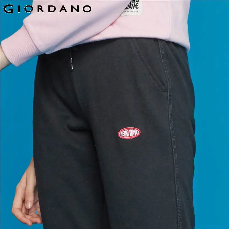 Giordano женские брюки с вышивкой и эластичным поясом, брюки из хлопка и полиэстера, повседневные женские брюки с надписью 13419901